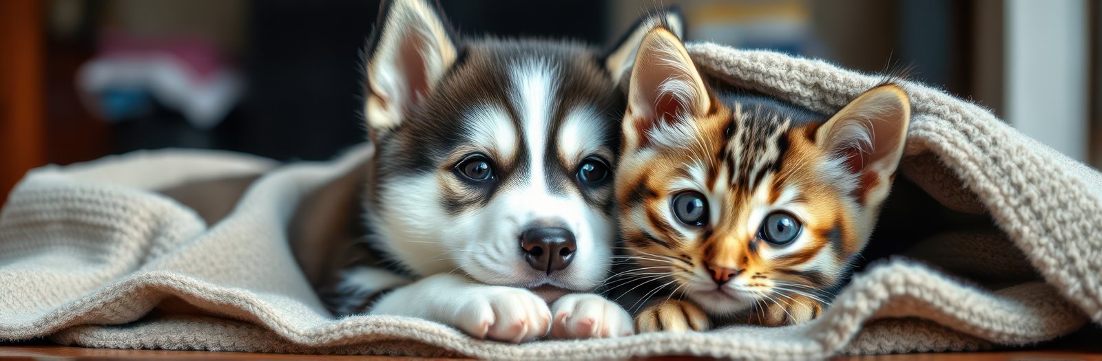 Cozy Companionship: Adorable Puppy and Kitten Snuggling Together on a Soft Blanket